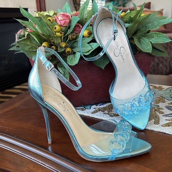 Brand New Jessica Simpson Wayri Stiletto Heels Sandals Lucite Chainlink Blue - Picture 1 of 15